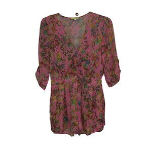 Gianni Bini women's romper floral print v-neck half sleeves sheer size Small